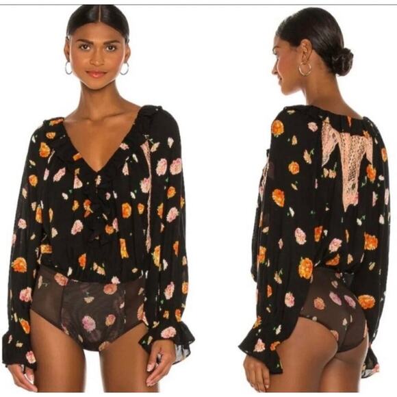 Free People Women's Poppy Floral Print‎ Lace Bodysuit Size Medium Black - Picture 3 of 16